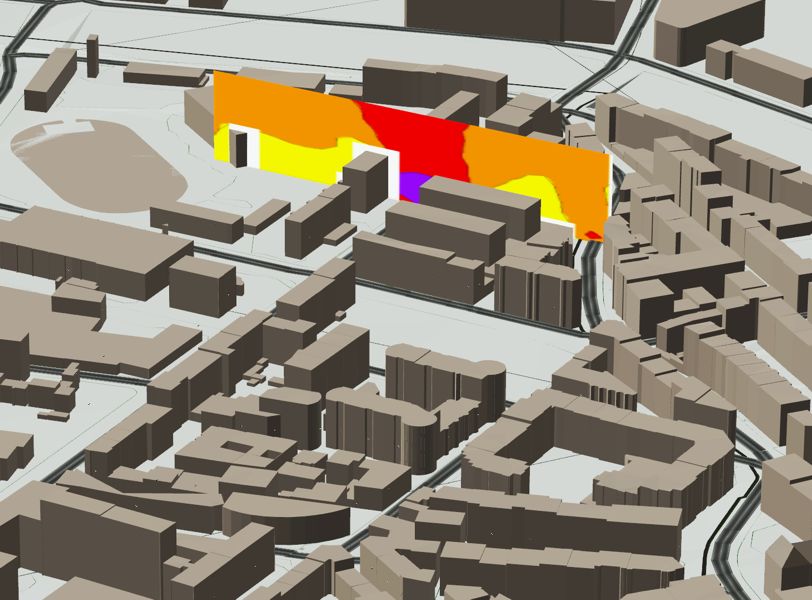 Représentation en coupe de la propagation du bruit en site urbain (bruit routier)